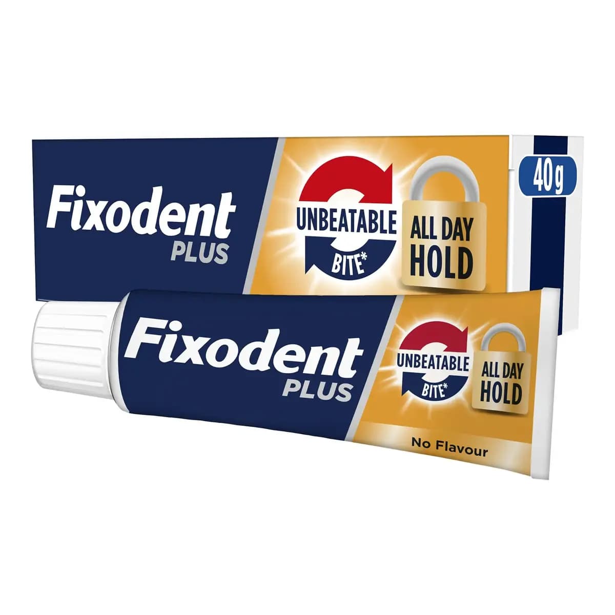 Fixodent Plus Unbeatable Bite Flavour Free 40g front packaging