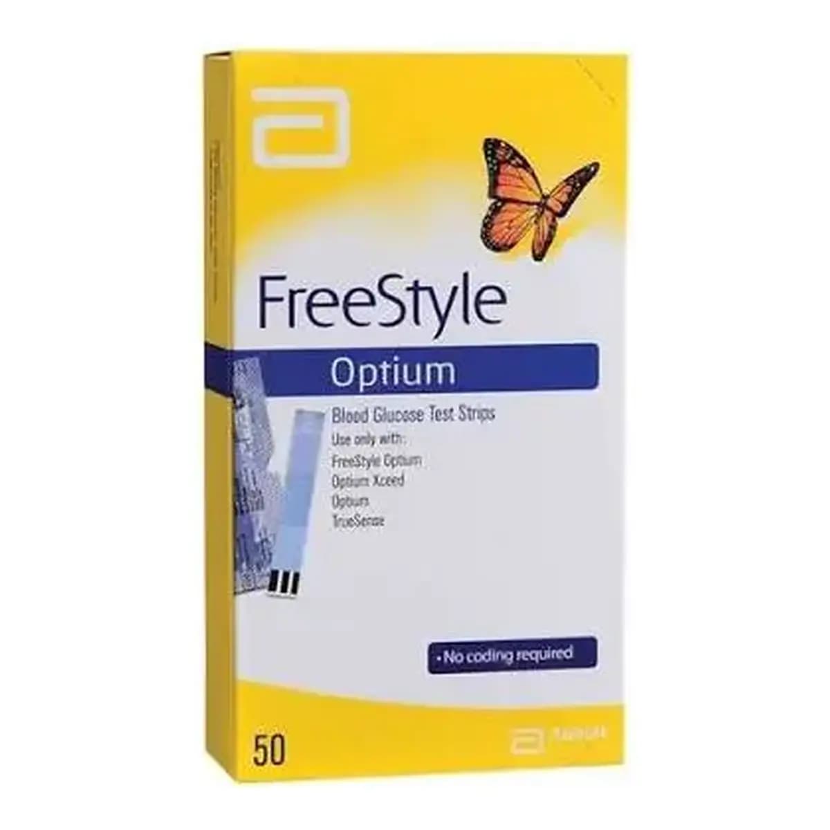 FreeStyle Optium Blood Glucose Test Strips 50 front packaging